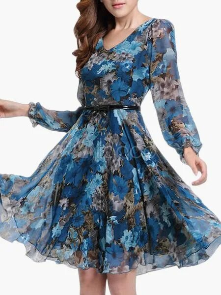 Производитель платье фото V-Neck Long Sleeves Floral Print Flared Dress - Milanoo.com Kleider, Kleidung fr