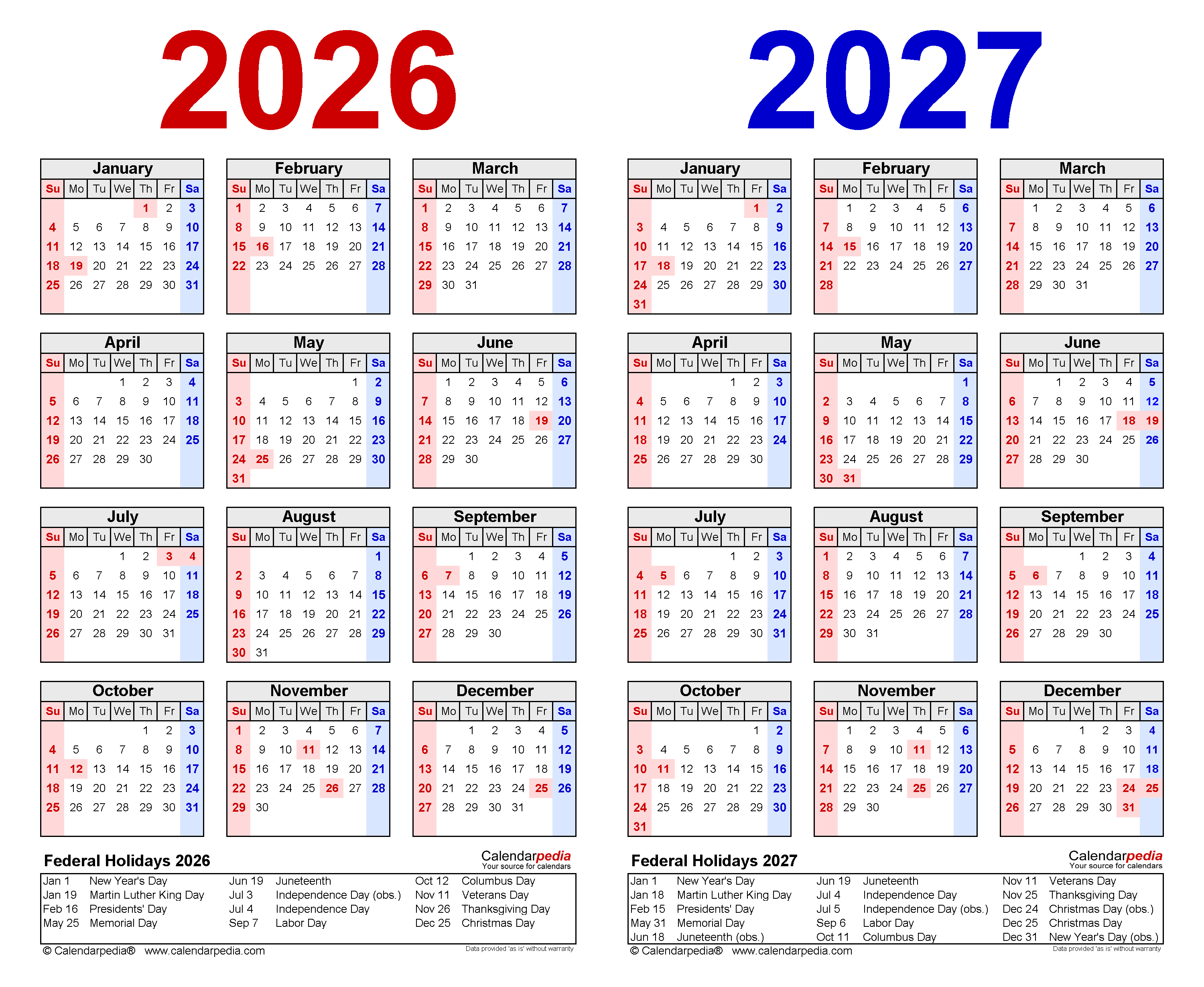 Производственный 2026 календарь с праздниками 2026-2027 Two Year Calendar - Free Printable Word Templates