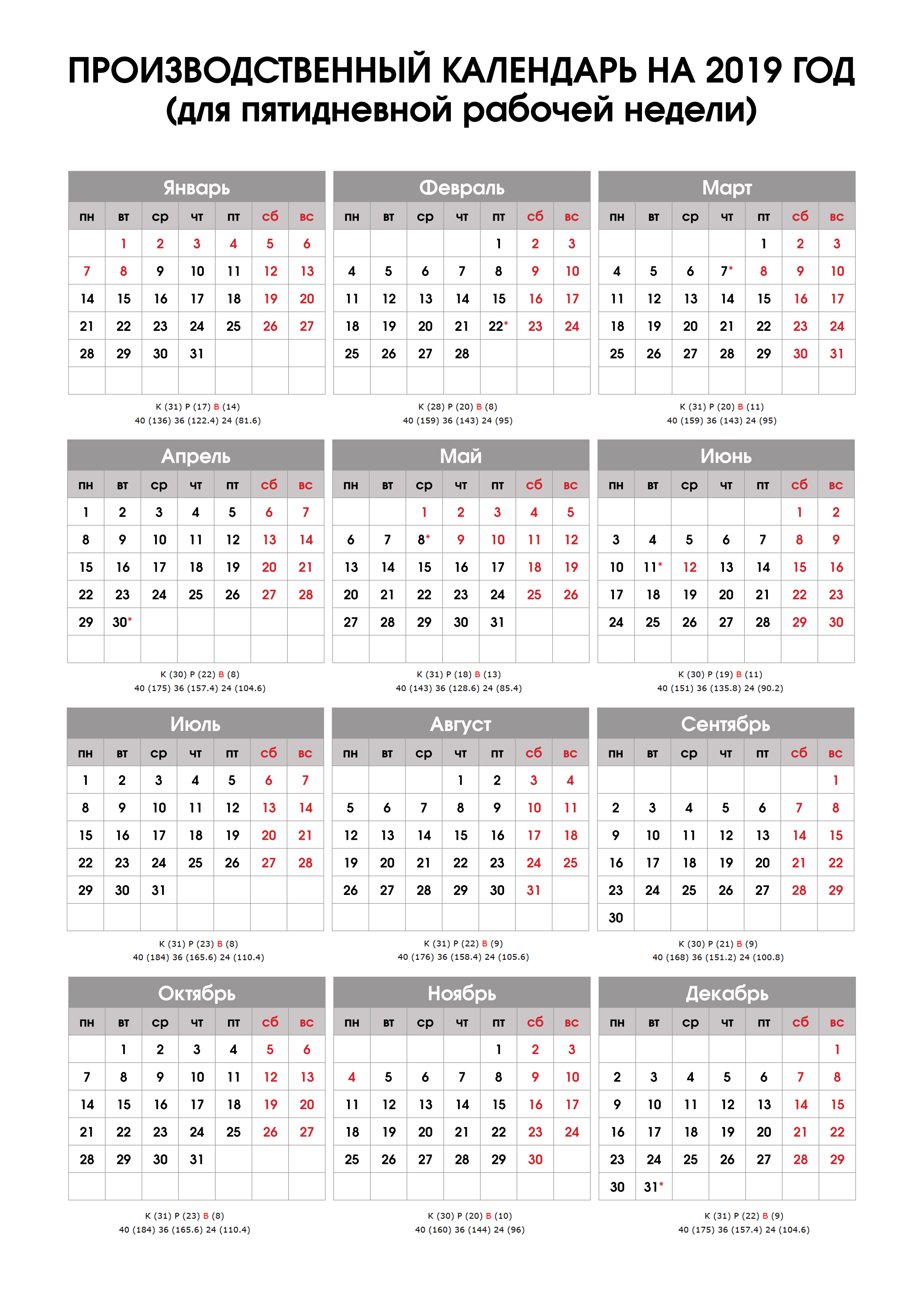 Производственный календарь 2019 года с праздниками Выходные пятидневки