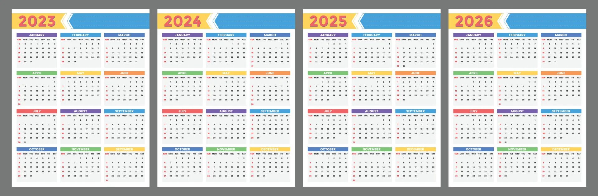 Производственный календарь 2024 2025 2026 Calendar 2023 2024 2025 2026 years. week starts on sunday vector template 122063