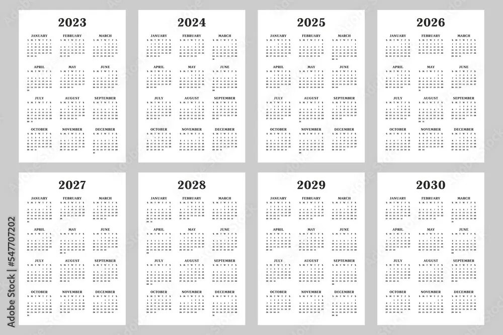 Производственный календарь 2024 2025 2026 Calendar 2023, 2024, 2025, 2026, 2027, 2028, 2029, 2030 years, black letters on 