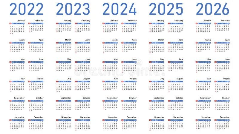 Производственный календарь 2024 2025 2026 English Calendars Set for 2022, 2023, 2024, 2025, 2026. Stock Vector - Illustrat