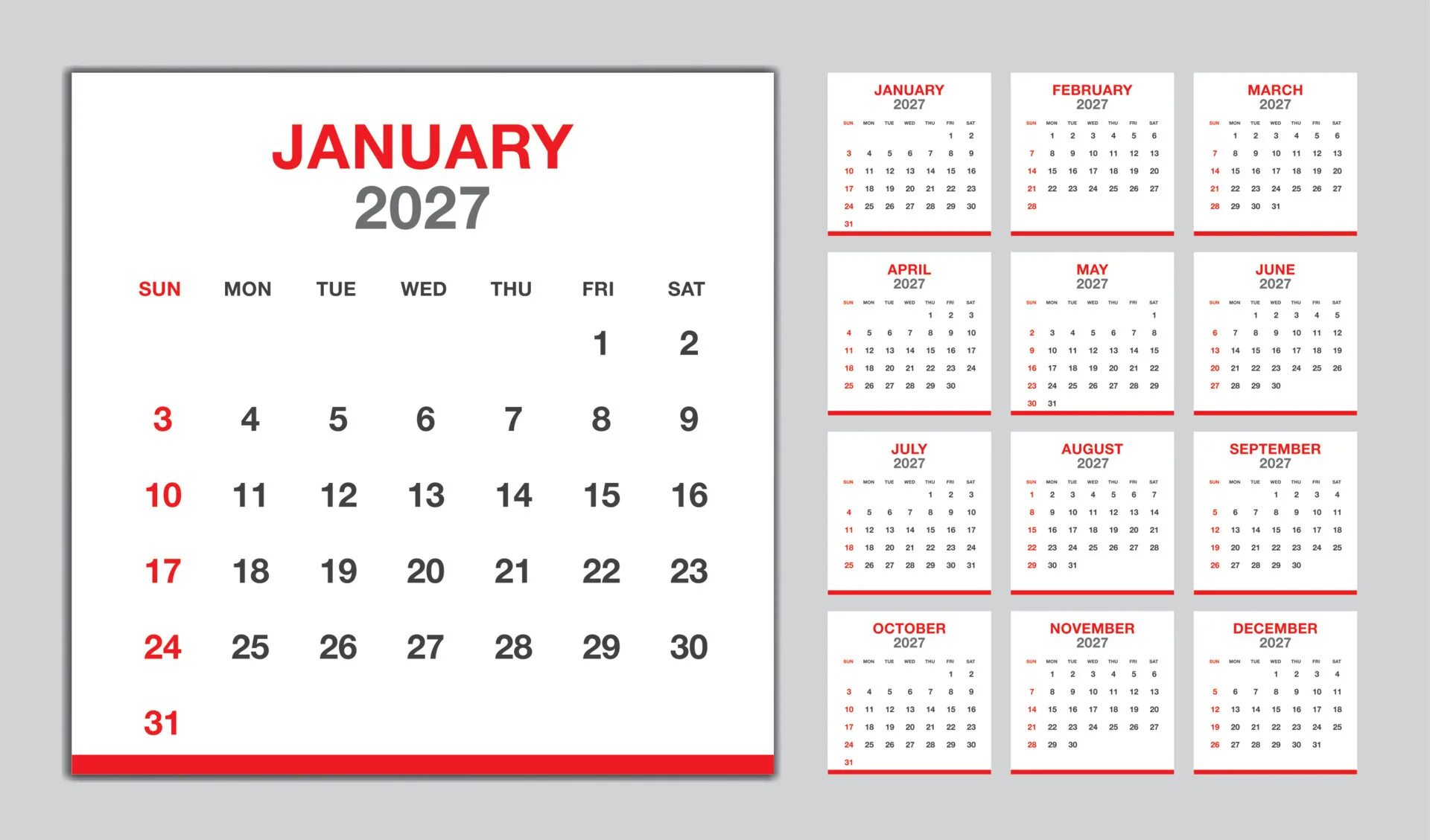 Производственный календарь 2025 2026 2027 Calendar 2027 year red design, Monthly calendar template for 2027 year, Week Sta