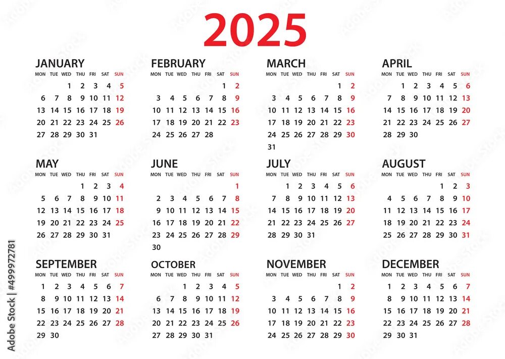 2025 calendar template with weeks start on monday Vector Image