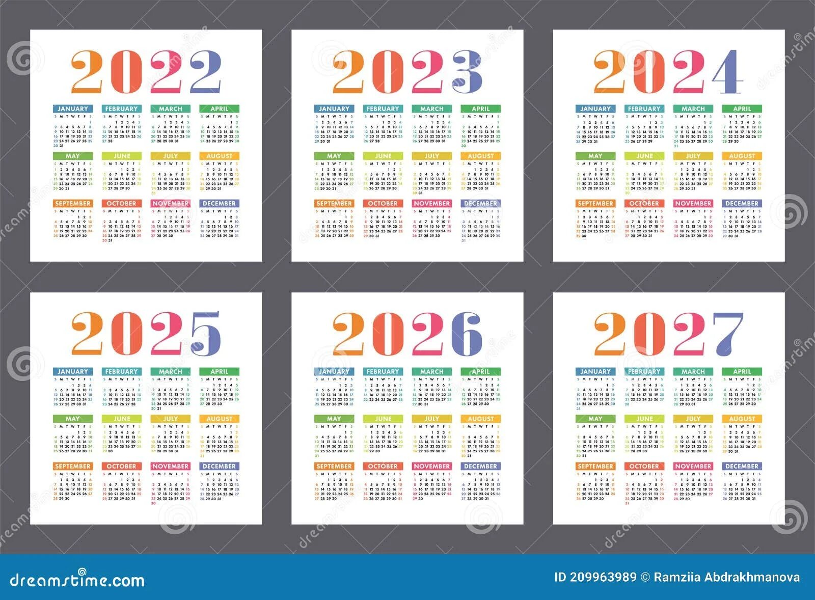 Производственный календарь 2025 на 1 листе Календарь 2022 2023 2024 2025 2026 и 2027 лет. Английский красочный набор вектор