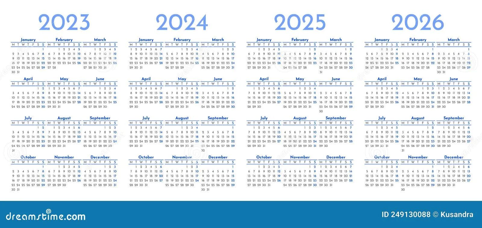 Производственный календарь 2025 на одном листе скачать Set of Monthly Calendar Templates for 2023, 2024, 2025, 2026 Years Stock Vector 