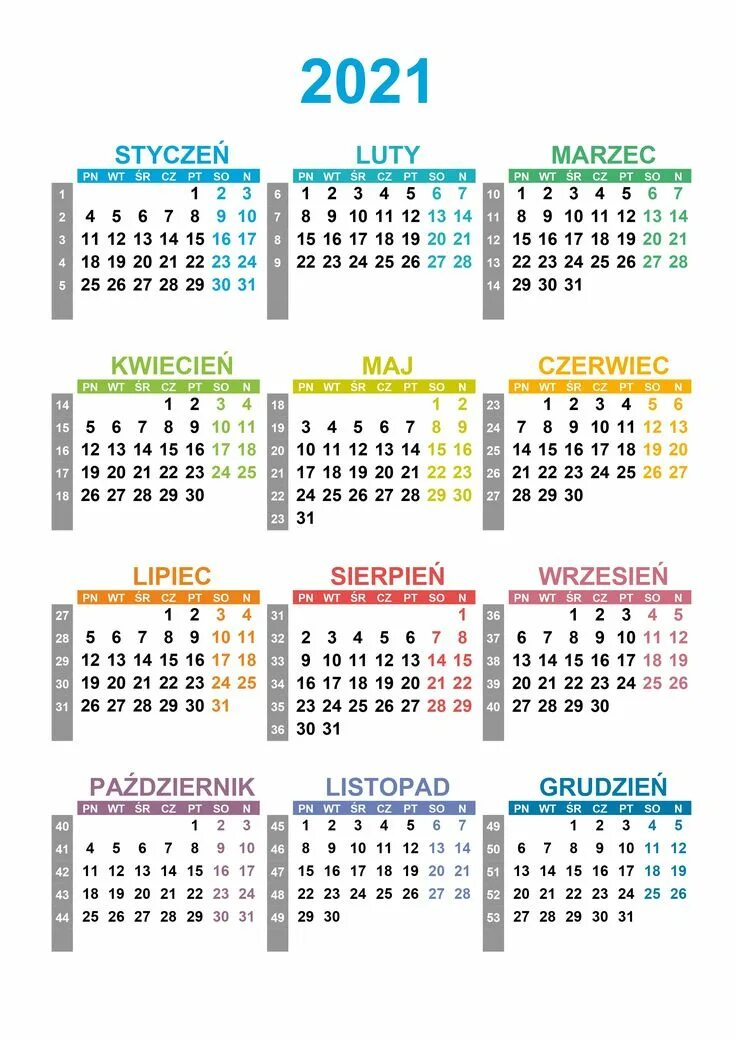 Производственный календарь 2025 с нумерацией недель Kalendarz Roczny 2021 2021 Calendar, Calendar template, Blank calendar template