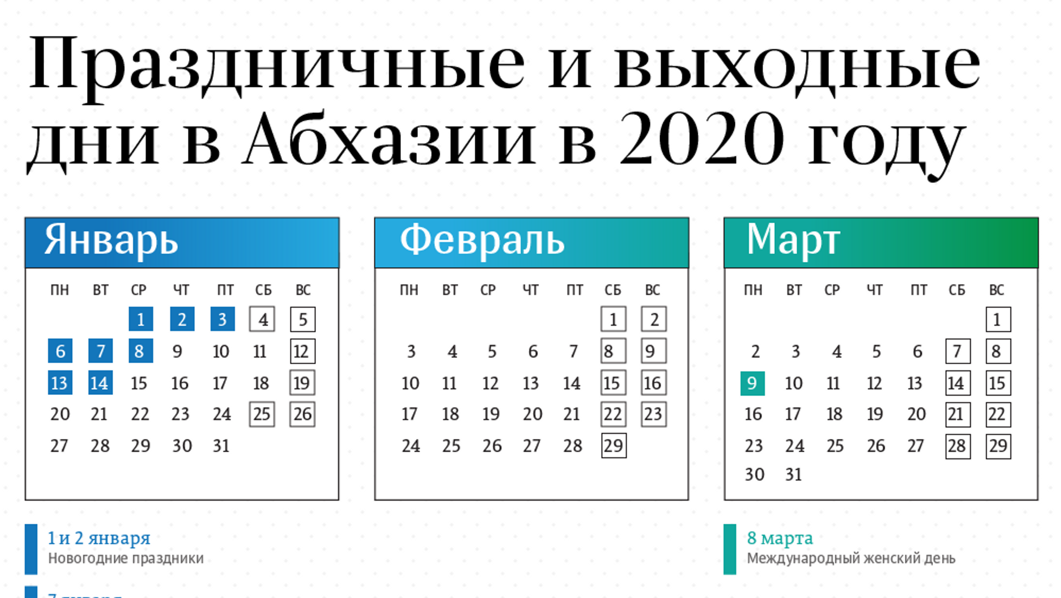 Производственный календарь абхазии на 2025 год Четыре месяца выходных: производственный календарь Абхазии на 2020 год - 14.01.2