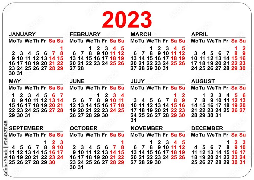 Производственный календарь на 2025 год альбомный формат 2023 Calendar template isolated on white. Simple horizontal grid Векторный объек