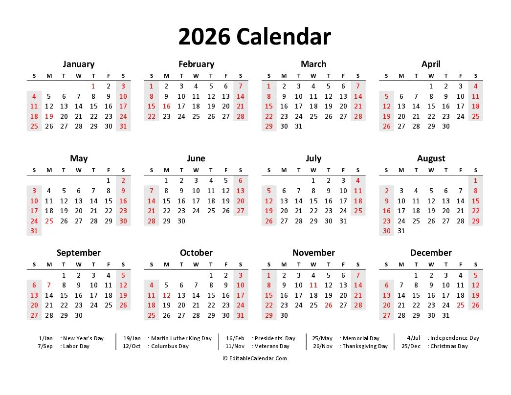 Производственный календарь на 2026 год Printable 2026 Calendar