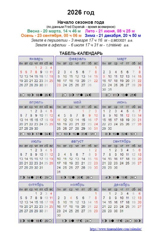 Производственный календарь на 2026 год Астронет Астрономический календарь на 2026 год