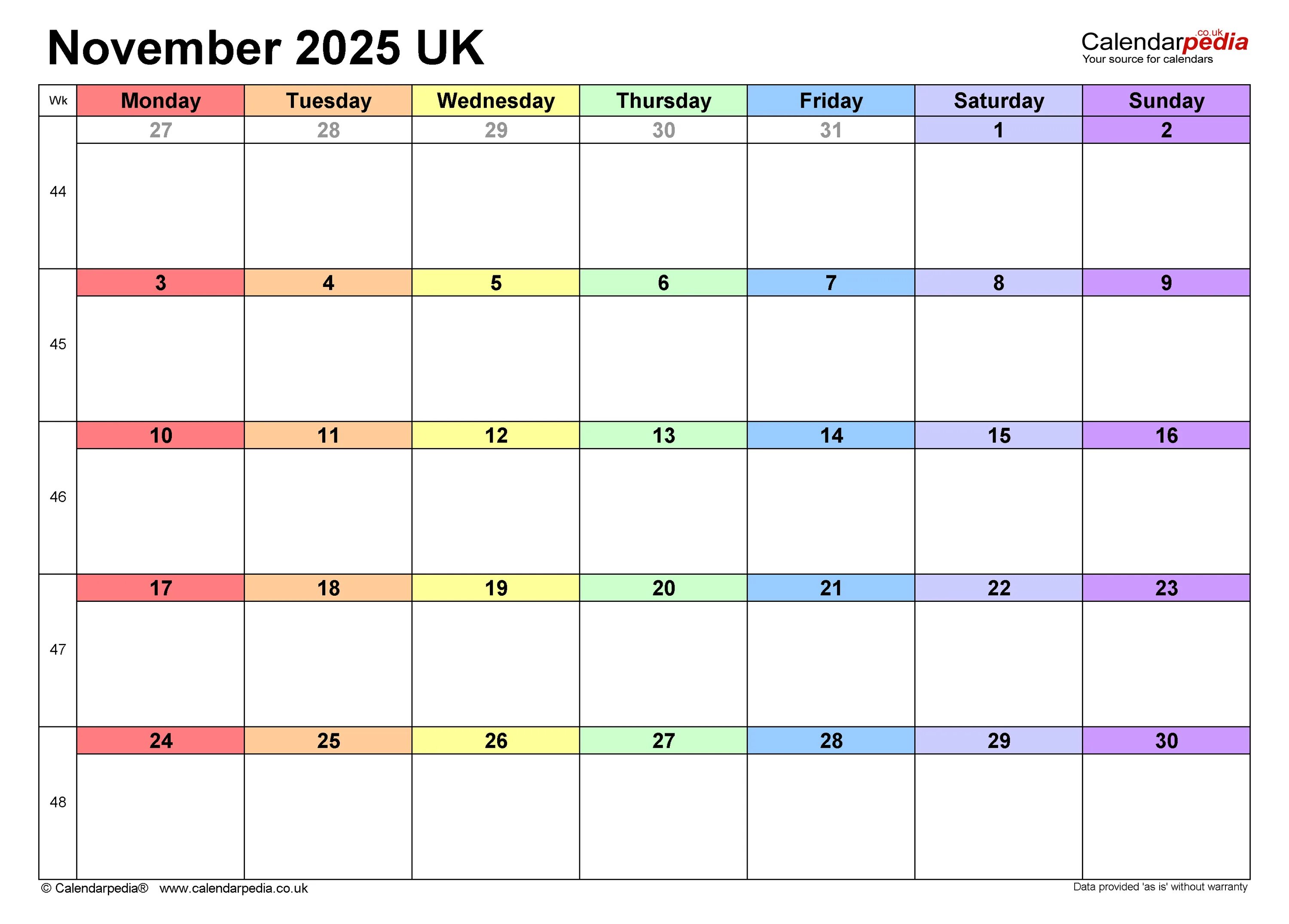 Производственный календарь на ноябрь 2025 Calendar November 2025 UK with Excel, Word and PDF templates