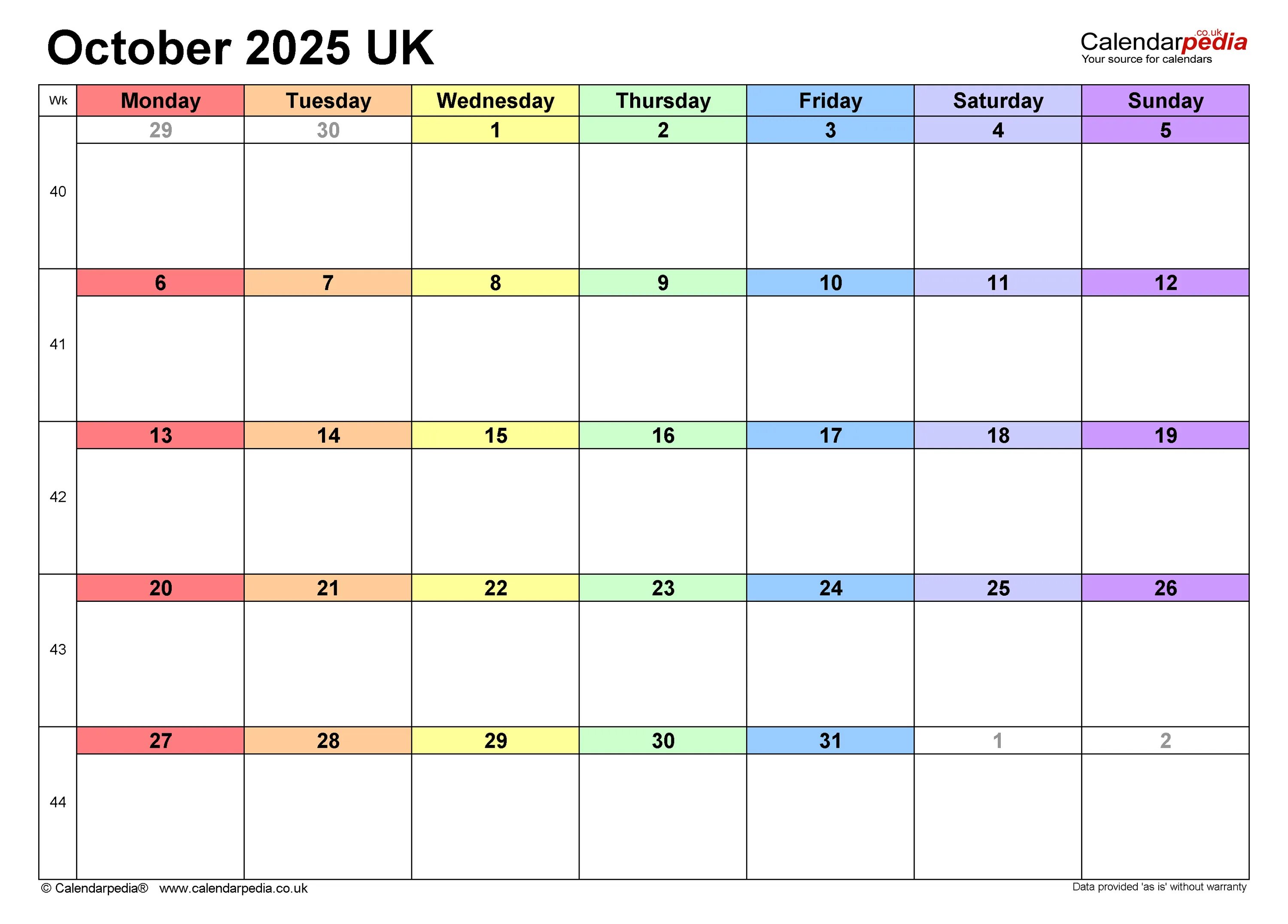 Производственный календарь на октябрь 2025 Calendar October 2025 UK with Excel, Word and PDF templates