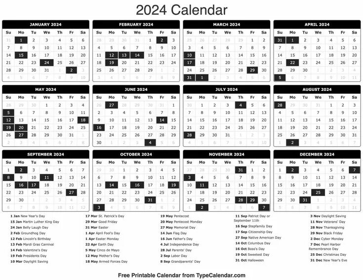 Производство календарь на 2024 год с праздниками Monthly Calendars (2024) - Free Printable Calendar