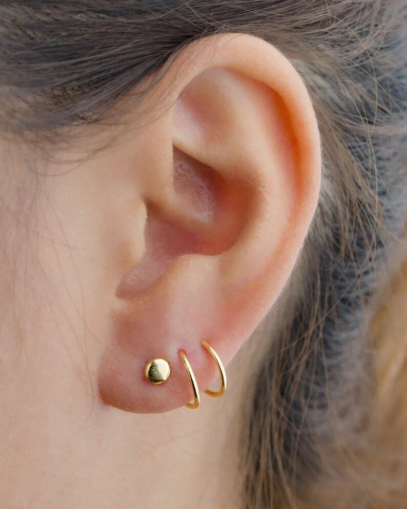 Прокол двух ушей фото Tiny Gold Stud Spiral Earrings Ear Cuff Faux Double Hoops - Etsy Canada Ohrringe