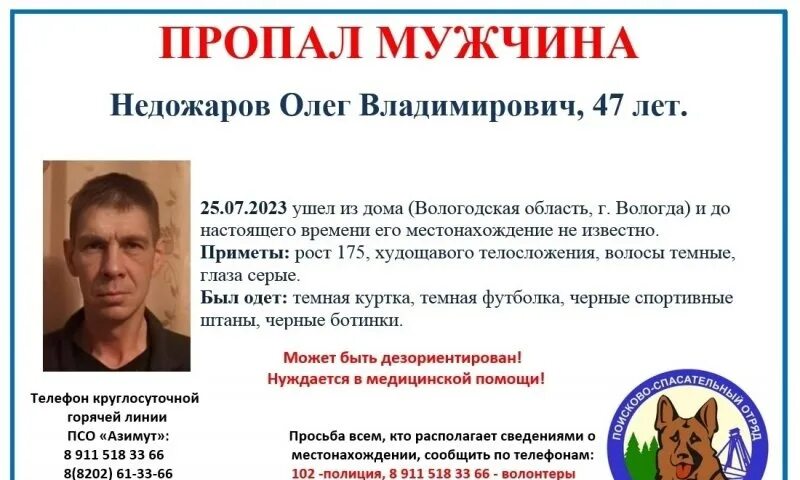 Пропавшие люди вологда фото В Вологде пропал 47-летний мужчина 47-летний Олег Недожаров разыскивается в обла