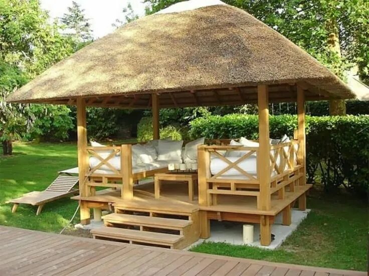 Простая красивая беседка своими руками Exterior: Gazebo Designs For Large Gardens Made Of Wooden Thick Gazebo Have Furn