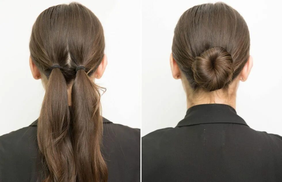 Простая прическа фото Prevent your low bun from loosening by tying your hair in two pigtails first. Ha