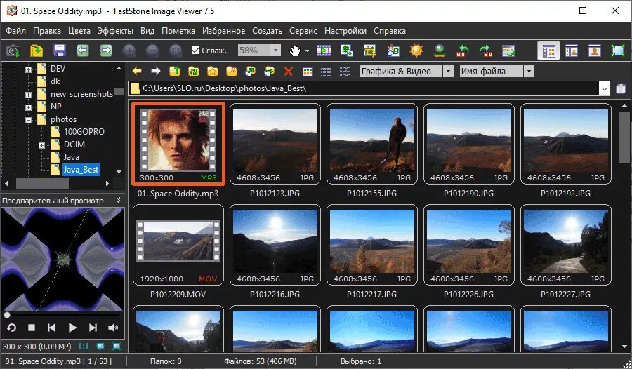 Простая программа для просмотра фото FastStone Image Viewer 7.5 - темная тема интерфейса и поддержка аудиофайлов. Ска