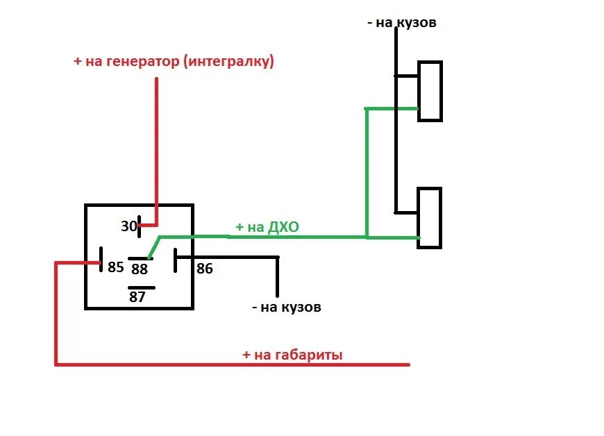 Простая схема подключения через реле Доработка головной оптики, часть 1: установка ДХО - Peugeot 206, 1,4 л, 2004 год