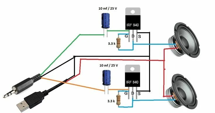 Простая схема усилителя звука своими руками Stereo Amplifier using MOSFET IRF 840 List of Items: 1. Mosfet IRF 840 . Stereo 