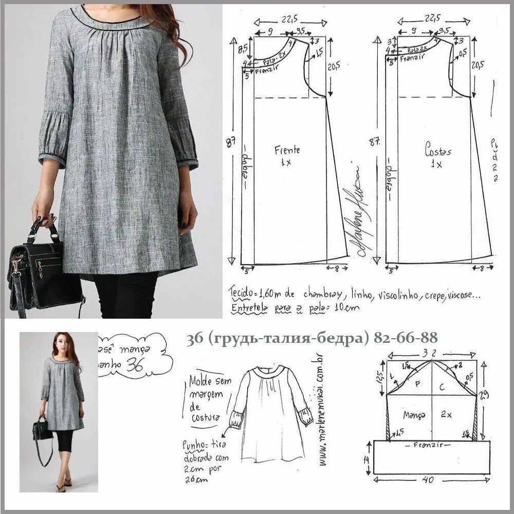 Простая выкройка легкого платья Patrón de vestido con manga 3/4 (costura y corte) - Magazine Inspiration Needlew