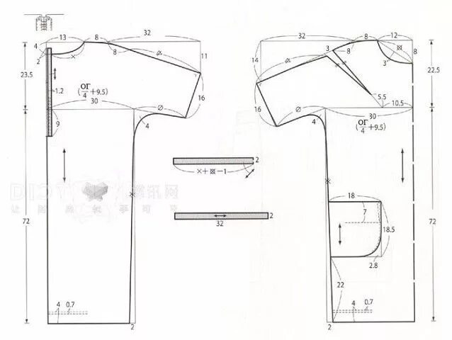 Простая выкройка цельнокроеного рукава Выкройка-шаблон платья-туники с цельнокроеными рукавами и застежкой на спинке (Ш