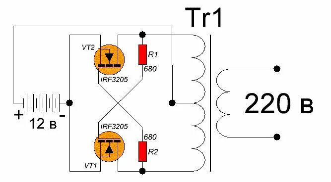 Простейший инвертор своими руками схема Самый простой преобразователь напряжения 12 в / 220 в Инверторы, Принципиальная 