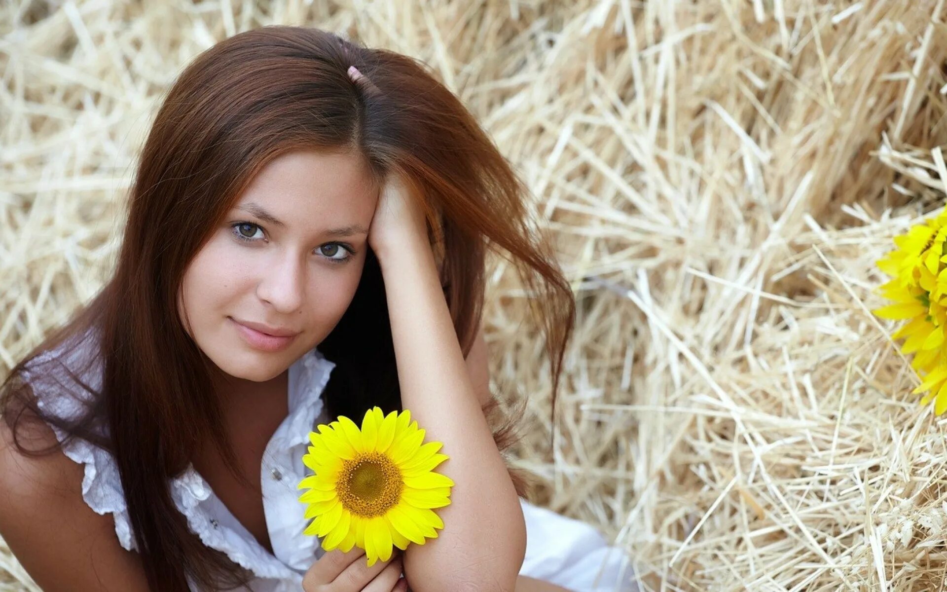 Просто бабы фото Wallpaper : face, women, model, long hair, brunette, yellow flowers, white dress