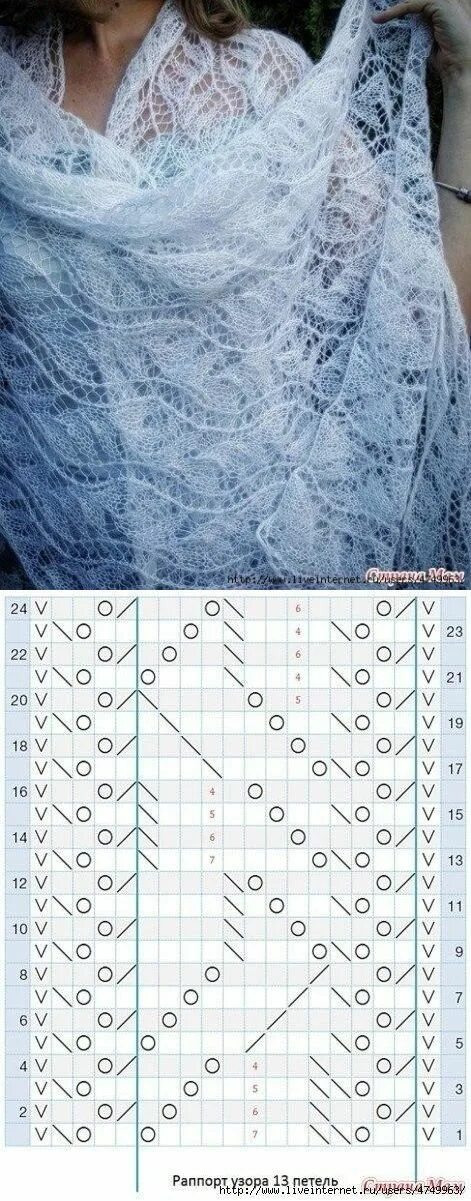 Простой ажурный палантин спицами схемы Шапки, шарфы, снуды, береты, варежки, перчатки, Lace knitting stitches, Lace kni