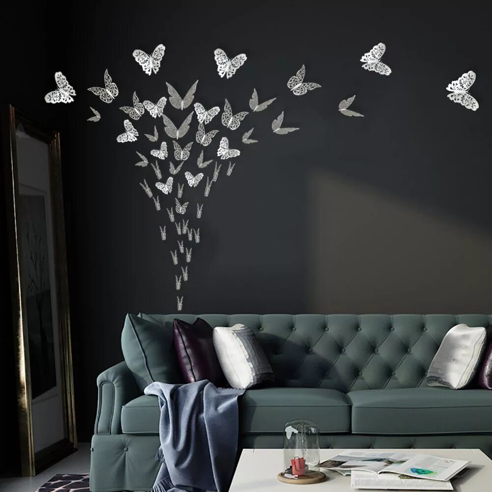 Простой декор на стену ADLKGG Butterfly Wall Decals Stickers Decorations 3D Silver Hollowout 36 PCS But