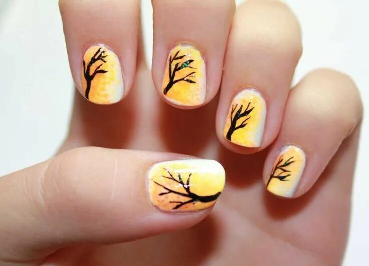 Простой осенний маникюр на короткие ногти Autumn nail design with trees :: one1lady.com :: #nail #nails #nailart #manicure