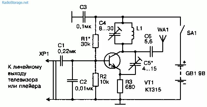 Простой передатчик на одном транзисторе схема Схема УКВ ЧМ передатчика на одном транзисторе (КТ315)