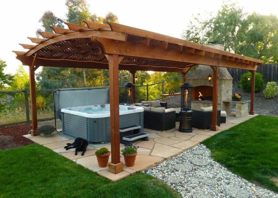 Простые беседки с мангалом фото Беседка с барбекю Hot tub backyard, Hot tub landscaping, Backyard gazebo