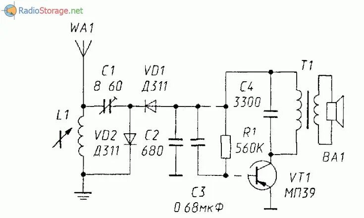 Простые схемы приемников своими руками Схема усовершенствованого детекторного приемника с усилителем Схемотехника, Ради