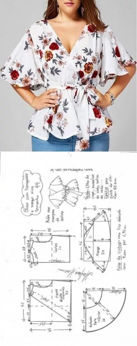 Простые выкройки для полных своими руками Blusa transpassada manga sino DIY - molde, corte e costura - Marlene Mukai Пошив