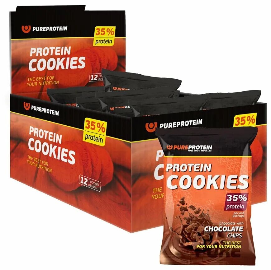 Протеиновое печенье фото Pureprotein Протеиновое печенье Protein Cookies, 12шт по 80г (Шоколад) / 35% Бел