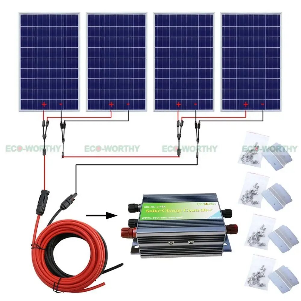 Провод для подключения солнечных панелей COMPLETE KIT: 400 Watt 400W 400Watts Photovoltaic Solar Panel 24V system RV Boat