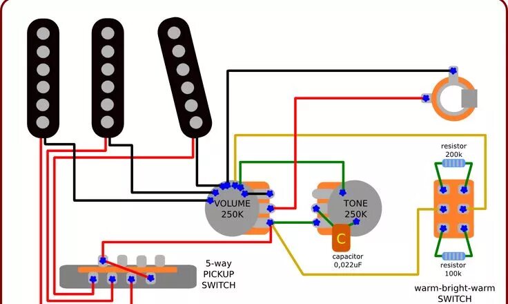 Провод для распайки электрогитары Wiring Diagram for Stratocaster - With a Warm-Bright-Warm Switch Учебный план, Э