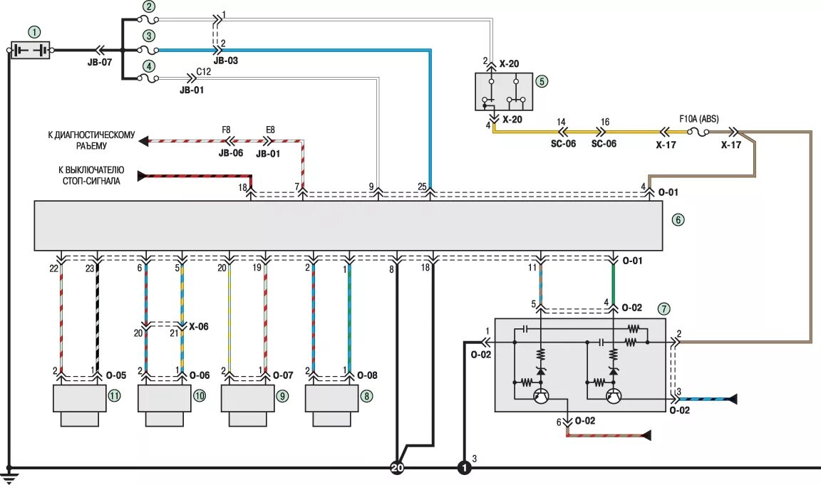 Проводка киа спектра схема Схема 17. Соединения антиблокировочной системы тормозов (ABS) Kia Spectra