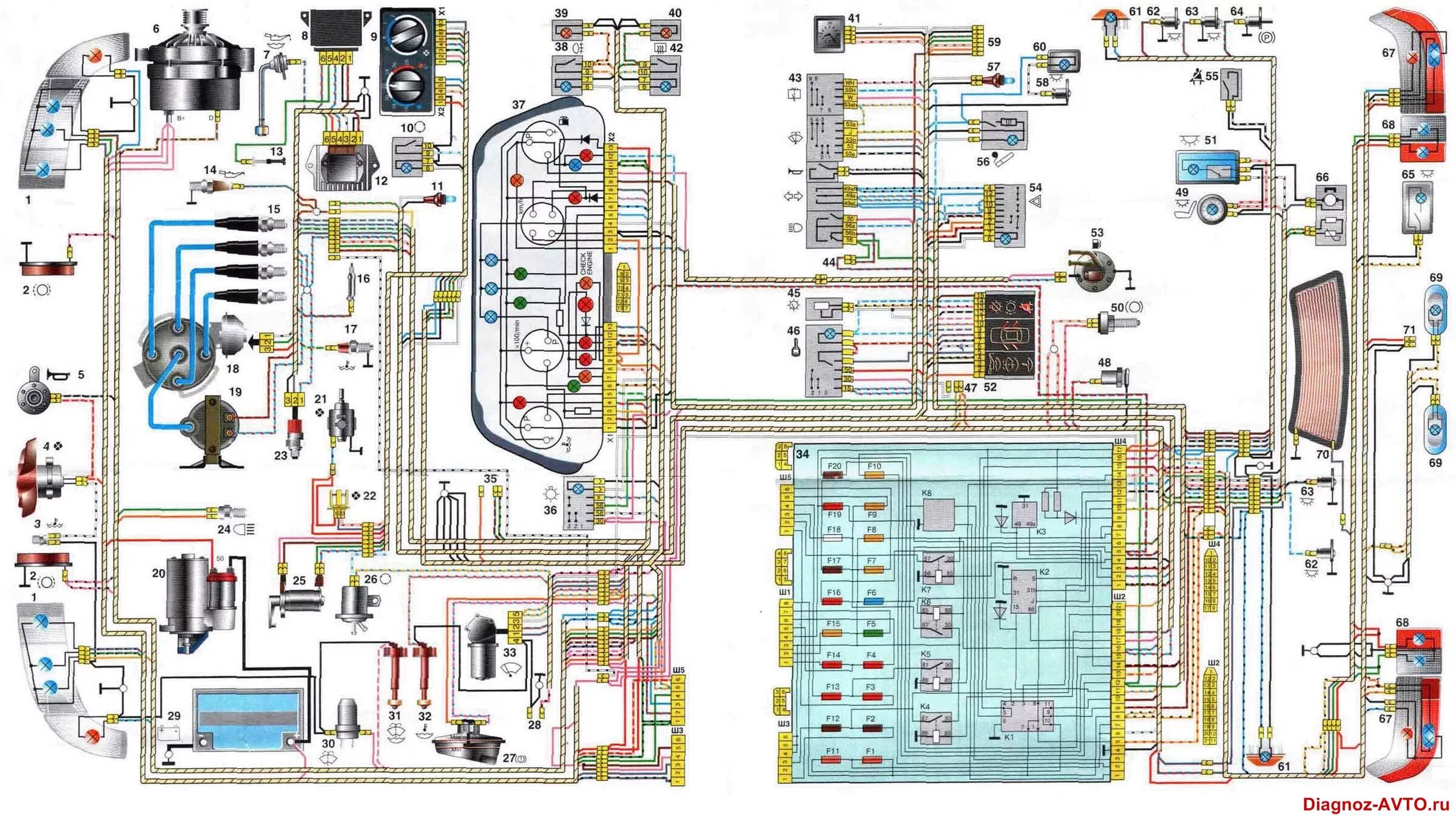 Проводка схема 99 Общая схема электрооборудования ВАЗ-2110 карбюратор