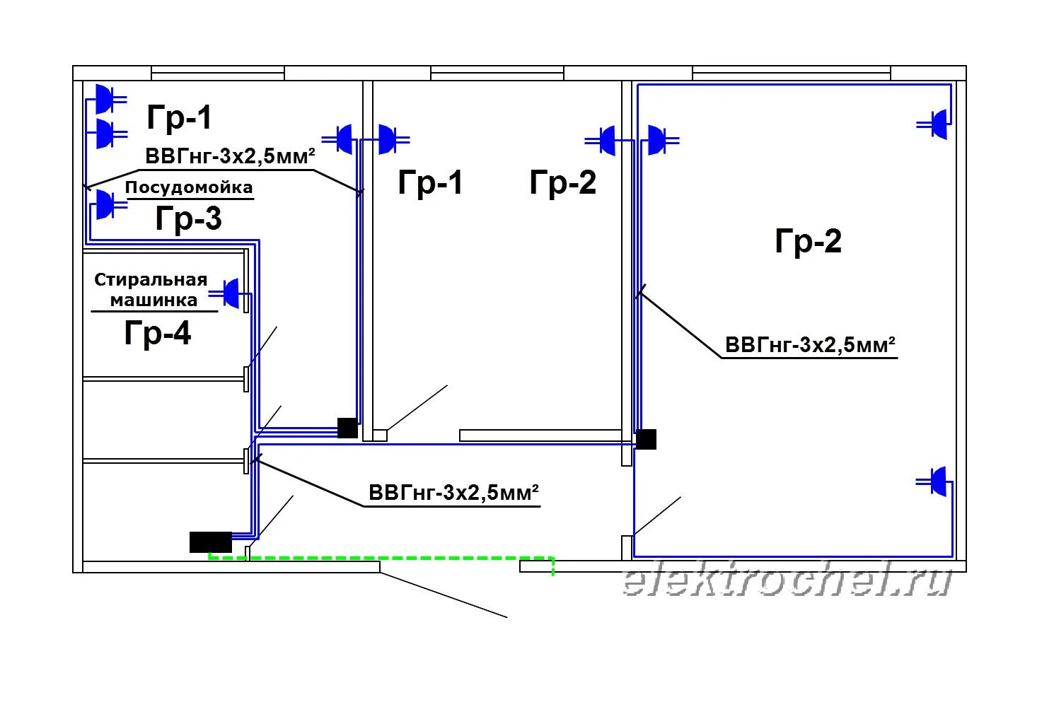 Проводка в хрущевке схема 2 Схема электропроводки в квартире 3 комнатная квартира фото - DelaDom.ru