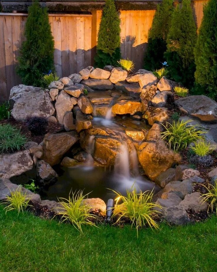 Пруд с водопадом своими руками на даче Corner backyard waterfall Waterfalls backyard, Pond landscaping, Ponds backyard