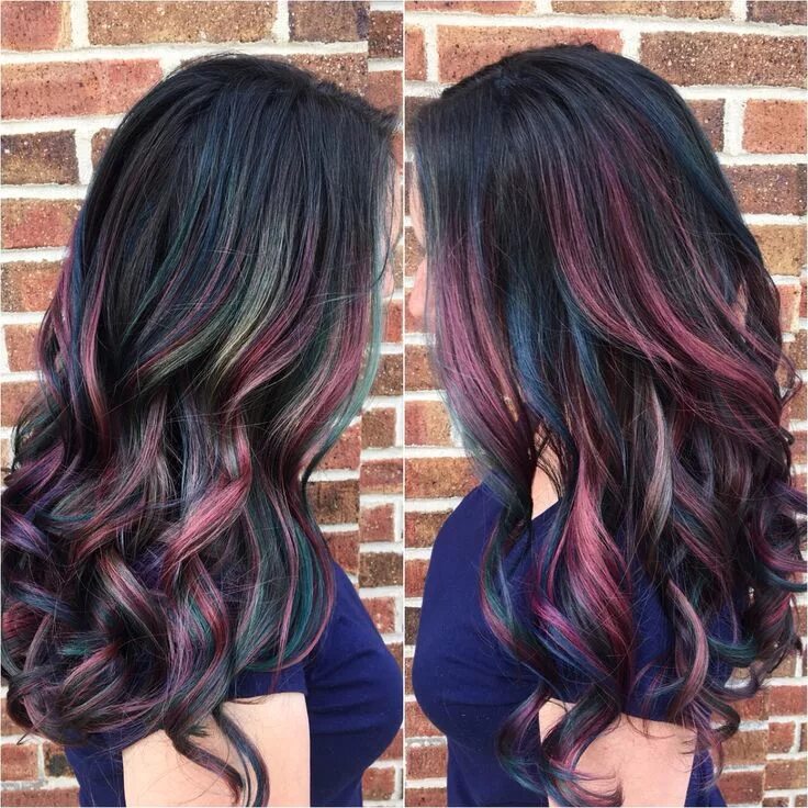 Прядки на темные волосы фото Beautiful oil slick balayage! Pre-lightened balayage with Redken Flash Lift, ton