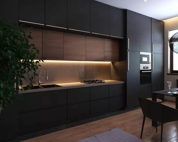 Прямая кухня дизайн интерьер Black appartment & black kitchen Interior design kitchen, Kitchen room design, S