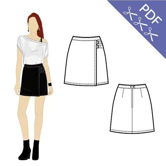 Прямая мини юбка выкройка A-line miniskirt with front wrap and straps detail - PDF sewing pattern women si