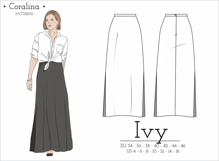 Прямая юбка макси выкройка Long A-line Skirt Maxi Skirt With Slits PDF Sewing Pattern Sizes 4-16 EU 34-46 -