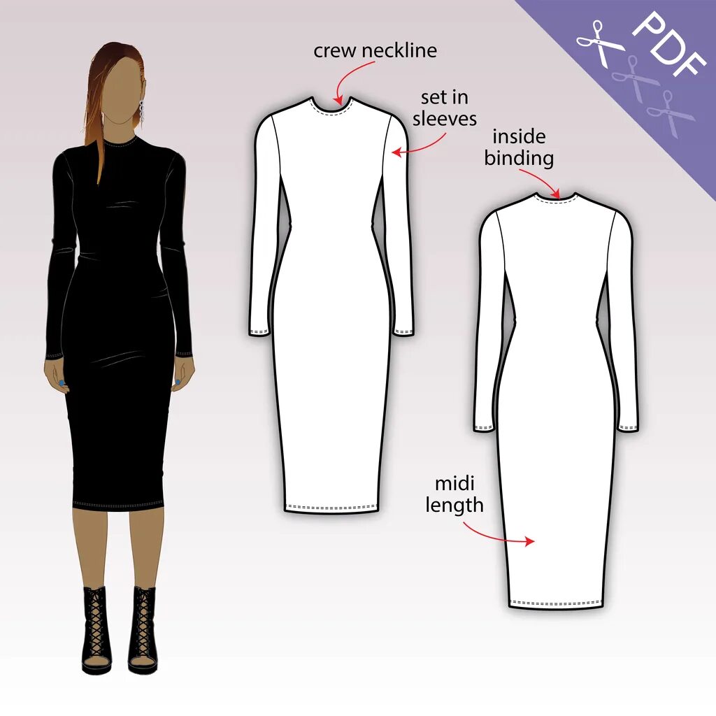 Прямое платье с длинным рукавом выкройка DR302 Bodycon dress with long sleeves PDF sewing pattern Kleidung, Kleidung für 