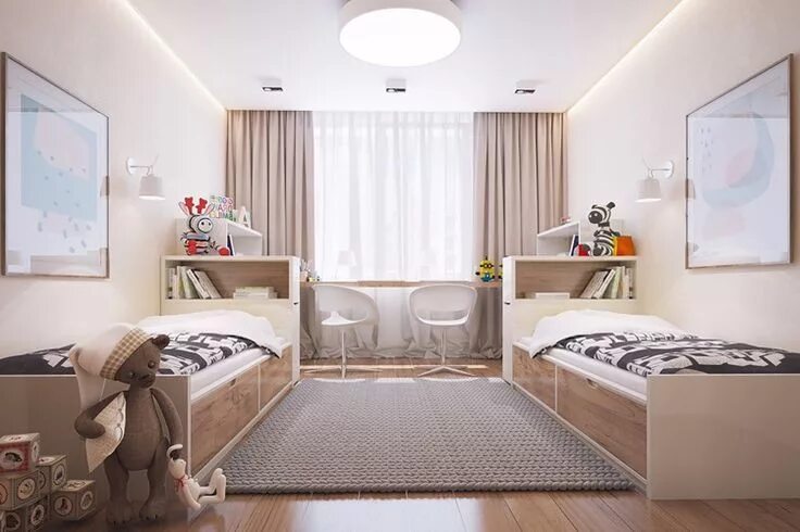 Прямоугольная детская комната планировка с 2 детьми Kinderzimmer für zwei in Creme und Taupe Interior design bedroom, Girl bedroom d