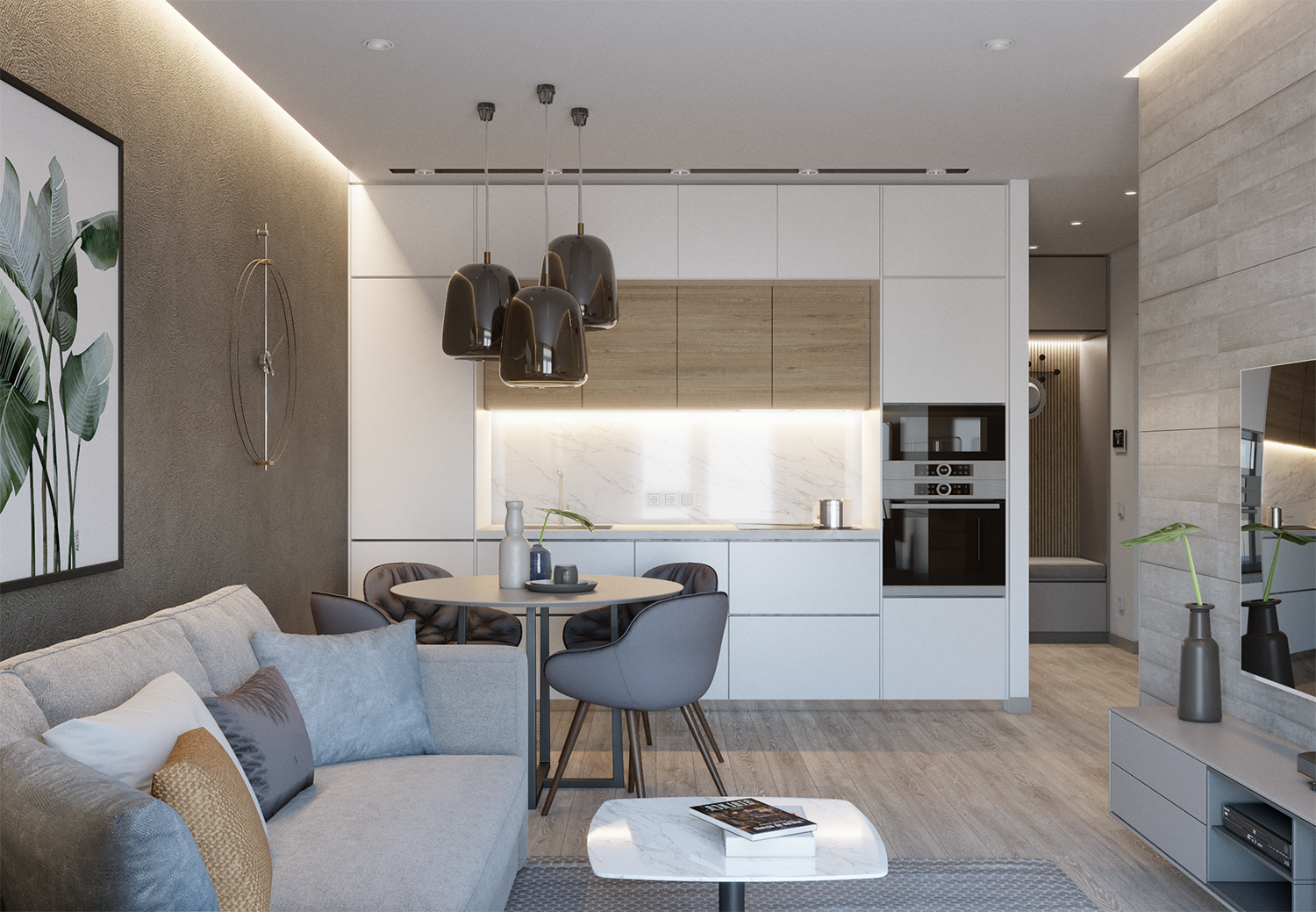 Прямоугольная кухня гостиная 20 кв планировка Gray interior apartment :: Behance